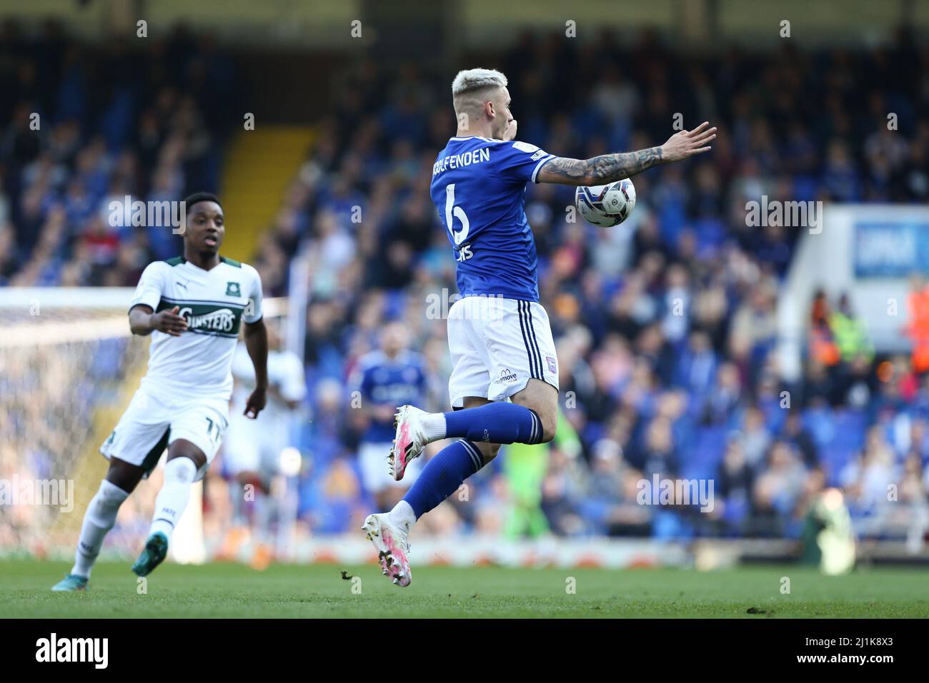 Ipswich, UK. 26th Mar, 2022. Luke Woolfenden #6 of Ipswich Town controls the ball in Ipswich, United Kingdom on 3/26/2022. (Photo by Arron Gent/News Images/Sipa USA) Credit: Sipa USA/Alamy Live News Stock Photo