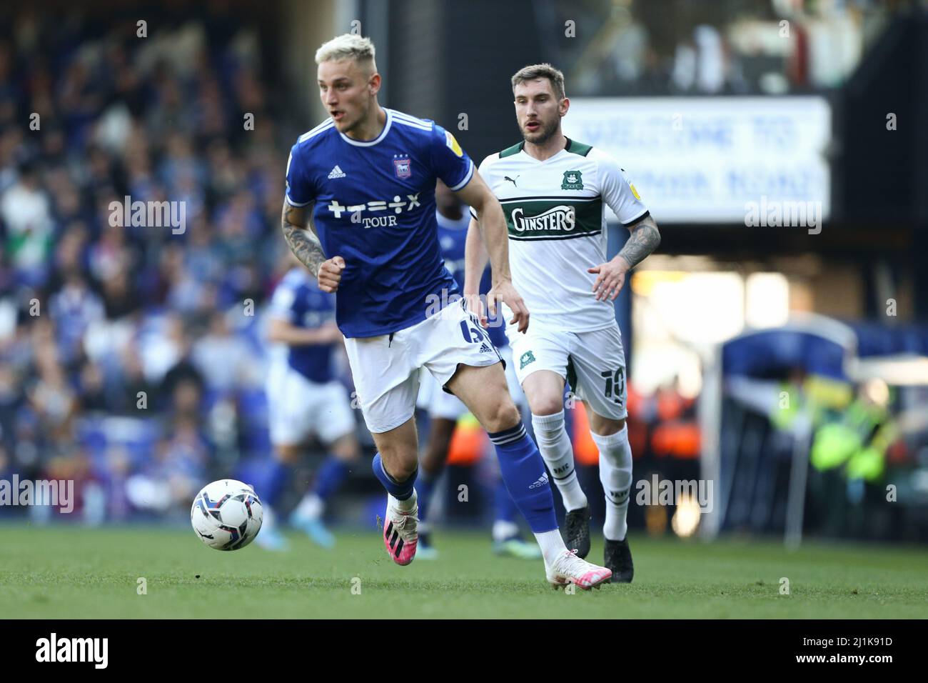 Ipswich, UK. 26th Mar, 2022. Luke Woolfenden #6 of Ipswich Town on the ball in Ipswich, United Kingdom on 3/26/2022. (Photo by Arron Gent/News Images/Sipa USA) Credit: Sipa USA/Alamy Live News Stock Photo