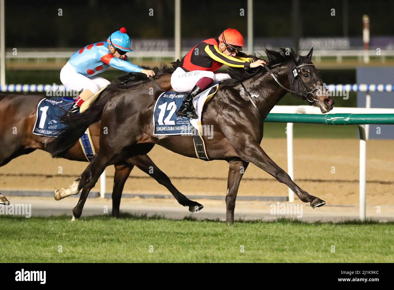 Meydan, USA. 26th Mar, 2022. March 26, 2022: Shahryar #12 ridden by jockey Christian Demuro wins the Longines Dubai Sheema Classic (Group 1) on the Dubai World Cup undercard at Meydan Racecourse in Meydan, Dubai United Arab Emirates on March 26th, 2022. Shamela Hanley/Eclipse Sportswire/CSM/Alamy Live News Stock Photo