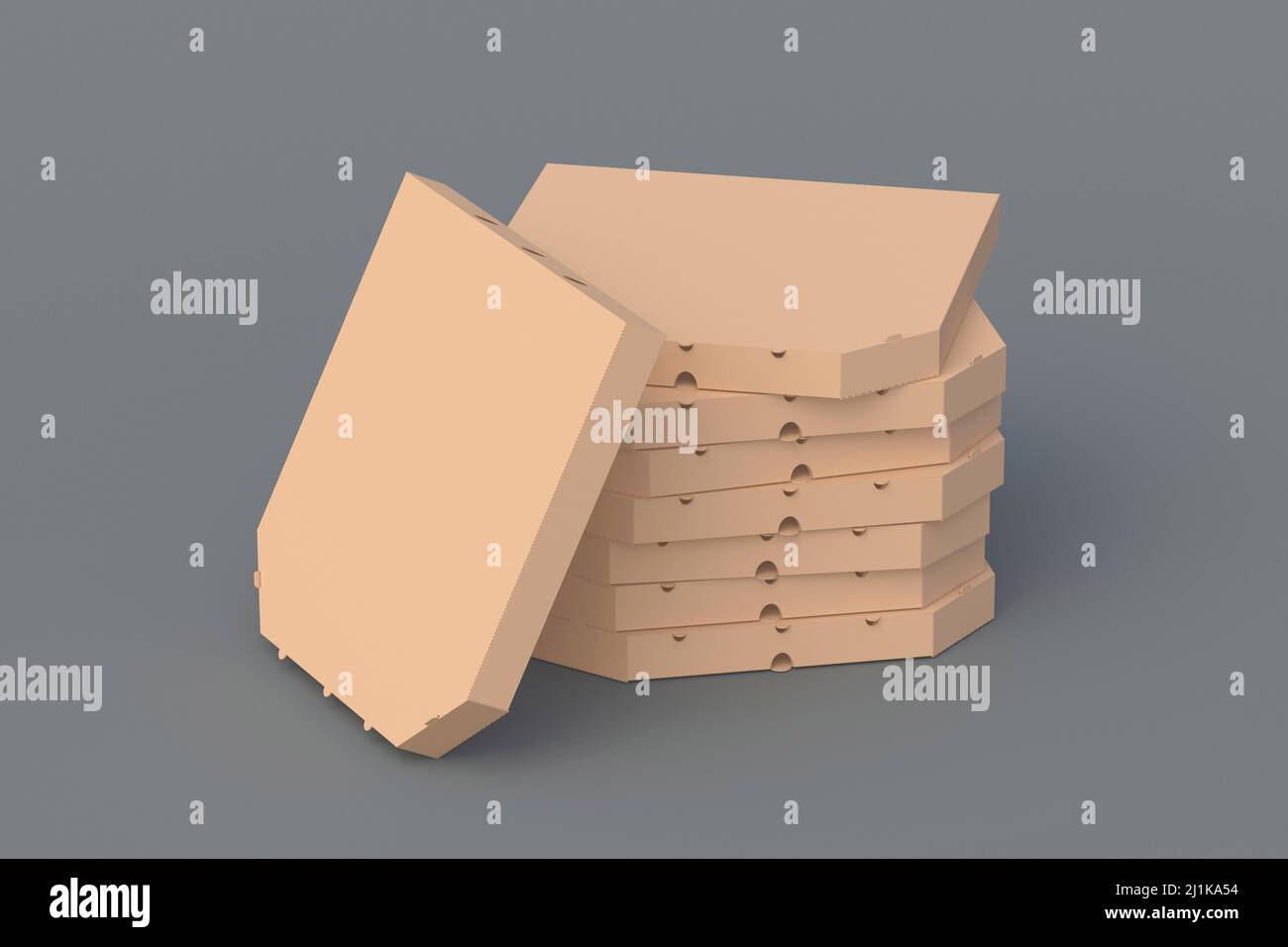 Brown pizza boxes. Fast food. Pizzeria advertisement. Food delivery. 3d