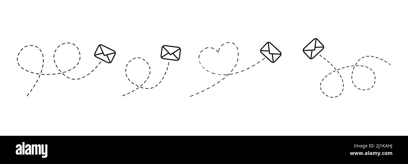 Envelope with line dotted route set. Flying mails group. Sending message linear collection. Vector isolated on white Stock Vector