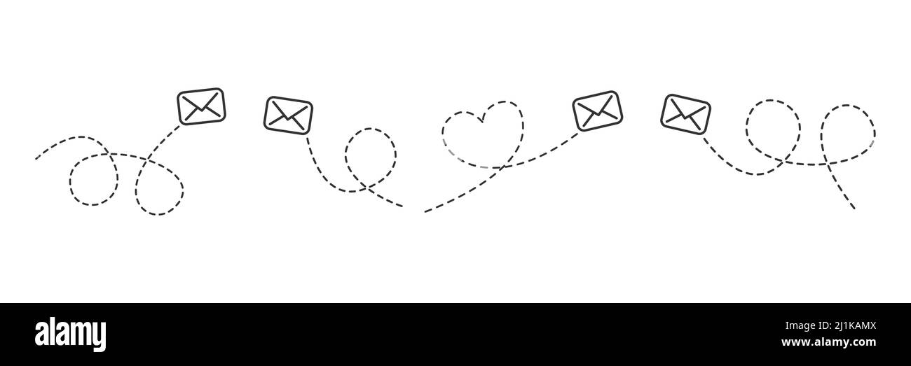 Envelope with line dotted route set. Flying mails group. Sending message linear collection. Vector isolated on white Stock Vector