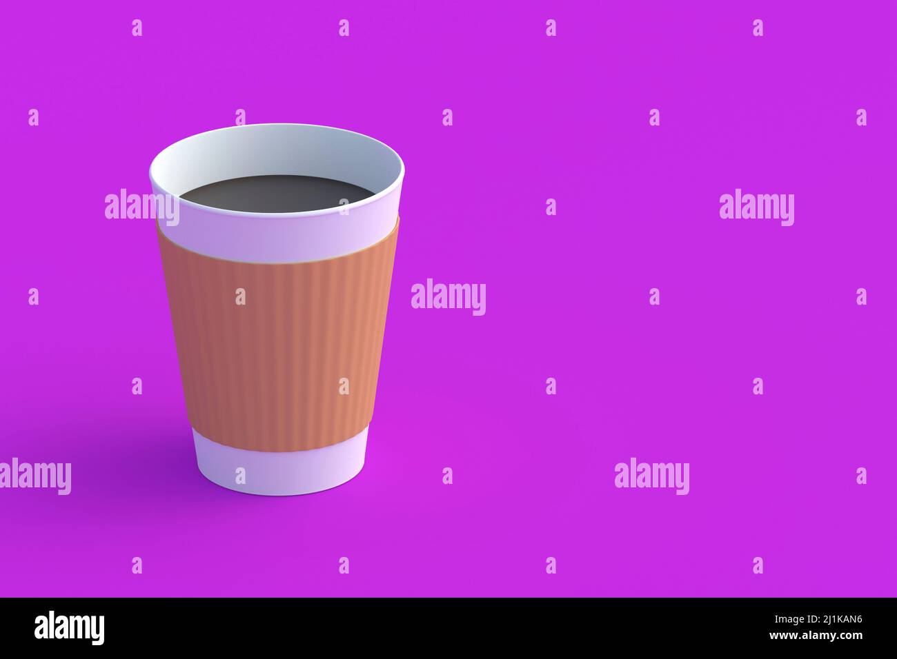 Disposable paper coffee cups with sleeve. Copy space. 3d render Stock