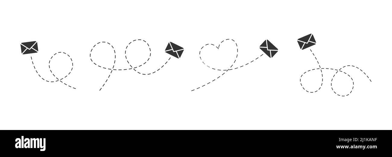 Envelope with line dotted route set. Flying mails group. Sending message linear collection. Stock Vector