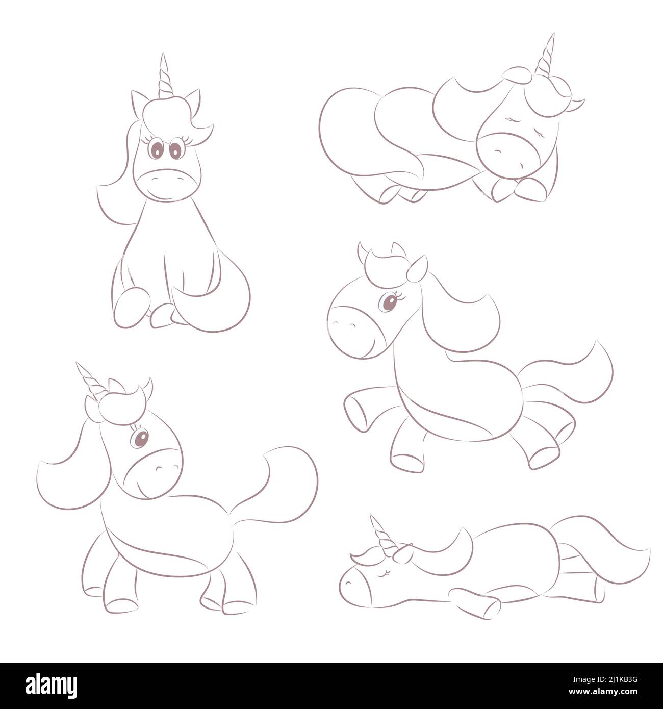Cute unicorn set. Kids coloring page. Hand drawn vector illustration ...