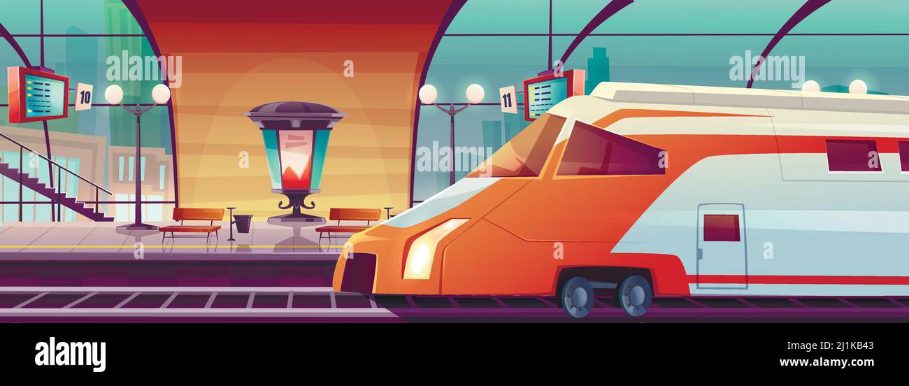 Railway station with train and platform with benches and schedule. Vector cartoon illustration of empty interior of subway waiting terminal with locom Stock Vector