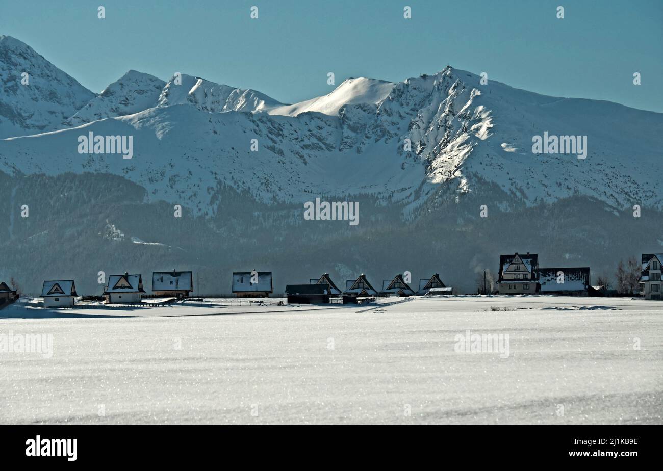 Winter mountain landscape in the Tatra with traditional mountain huts Stock Photo