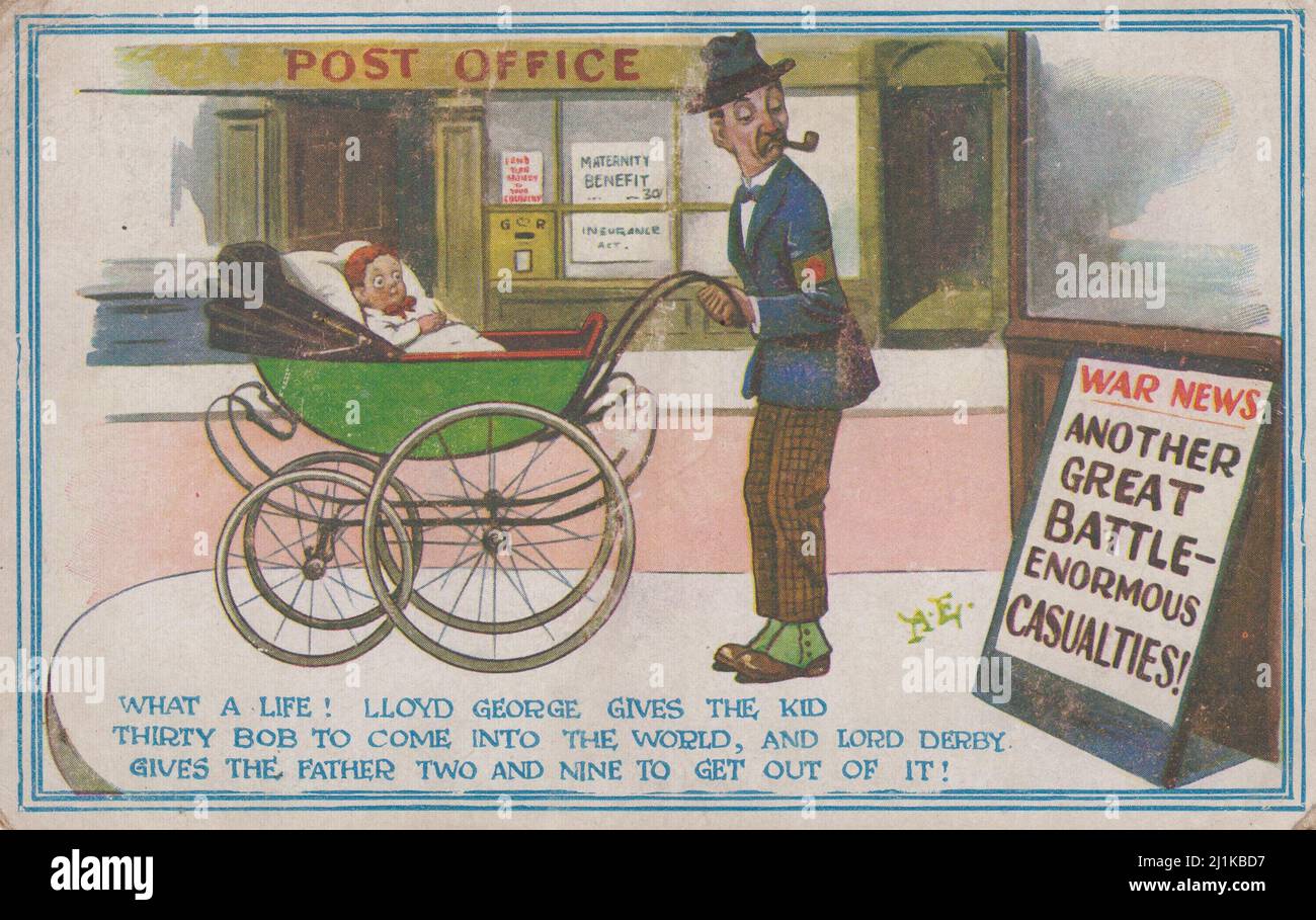 'War News: Another Great Battle - Enormous casualties!' 'What a life! Lloyd George gives the kid thirty bob to come into the world, and Lord Derby gives the father two & nine to get out of it!': First World War cartoon of a man with a baby in a pram looking at news headlines. It refers to the 1915 Derby Scheme to recruit men into the army & the provision of maternity benefit Stock Photo