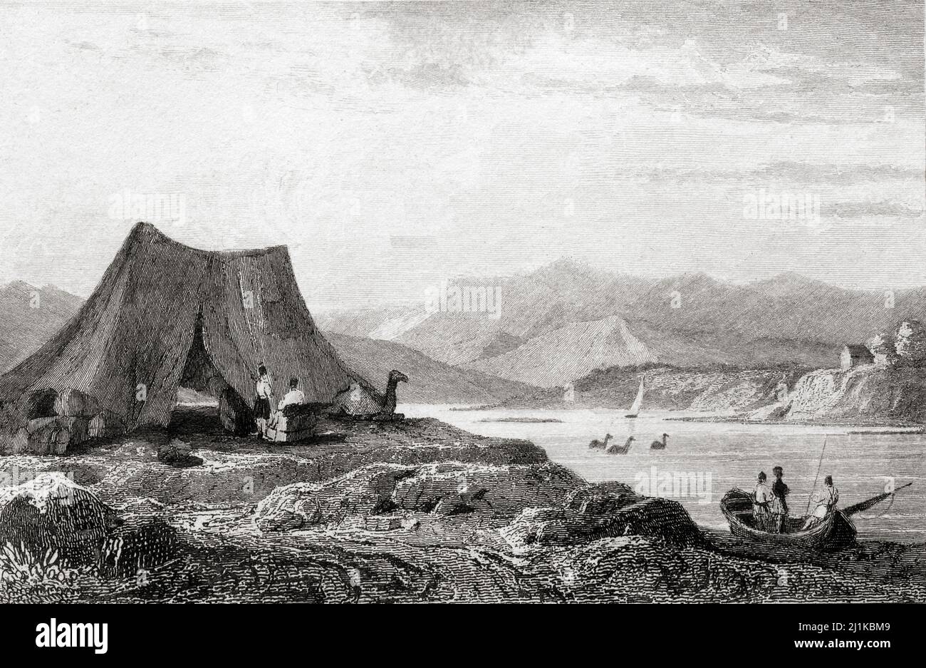 Riverbank of the Kur and the Araxas, Armenia. 19th century steel engraving by Vanderburch and Lepetit. Stock Photo