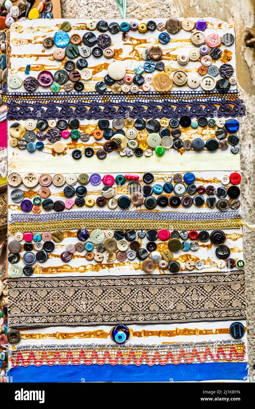 Buttons on the facade of haberdashery store in Lefkoşa, Turkish Republic of Northern Cyprus (TRNC) Stock Photo