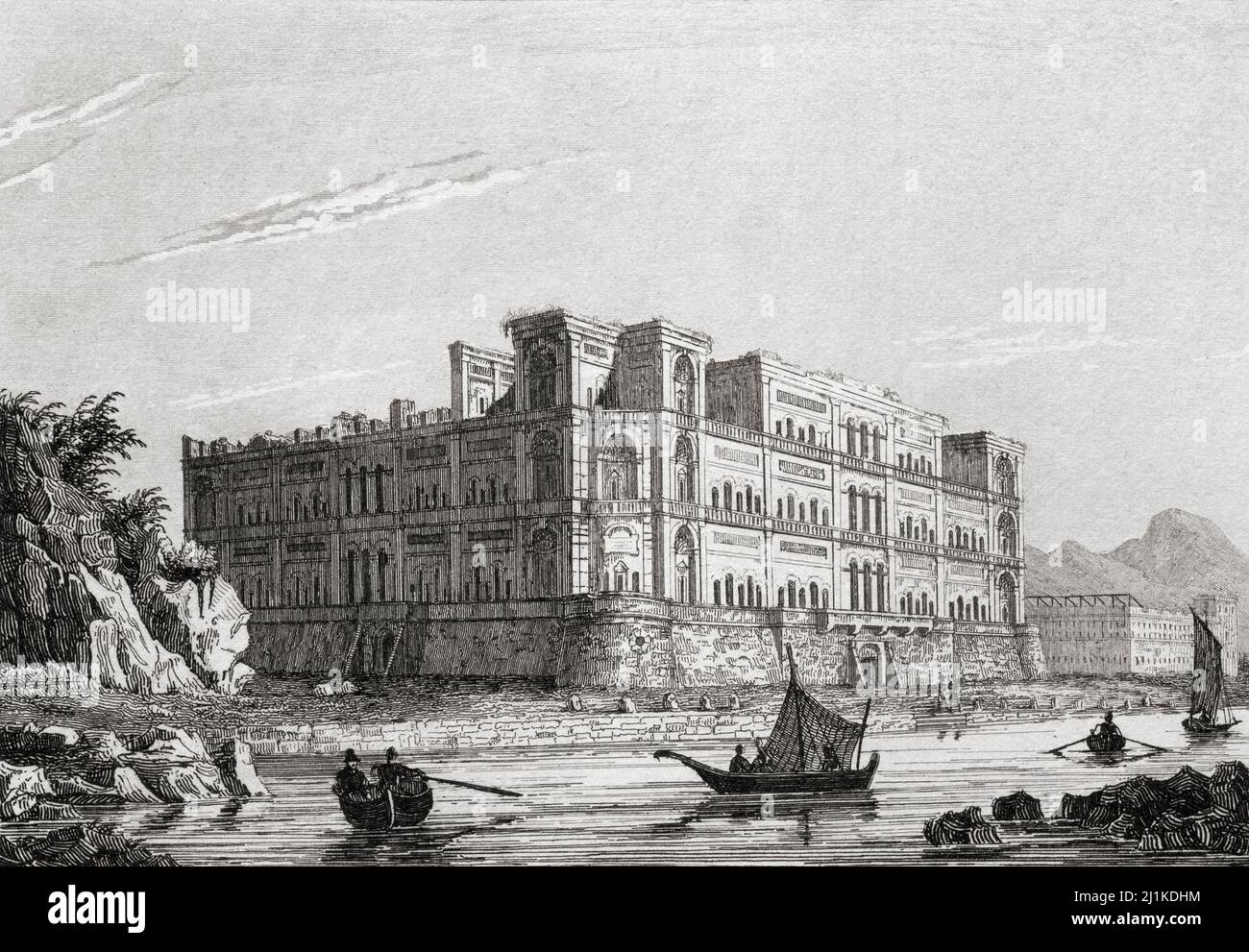 Villa Donn'Anna, Naples, Italy. 19th century steel engraving by Lemaitre direxit. Stock Photo
