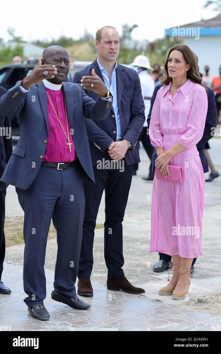 Britain's Prince William and Catherine, Duchess of Cambridge are shown the area at Daystar Evangelical Church on Great Abaco island, Bahamas March 26, 2022. Abaco was dramatically hit by Hurricane Dorian. It damaged 75% of homes across the chain of islands and resulted in tragic loss of life. Chris Jackson/Pool via REUTERS Stock Photo