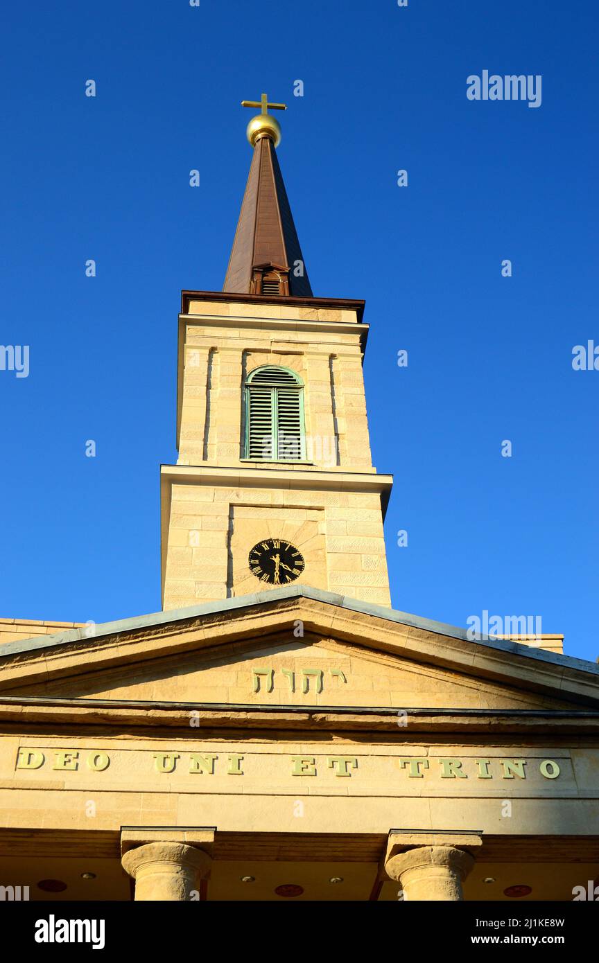 The steeple and the façade of Basilica St Louis, one of the oldest Catholic Churches in the United States Stock Photo