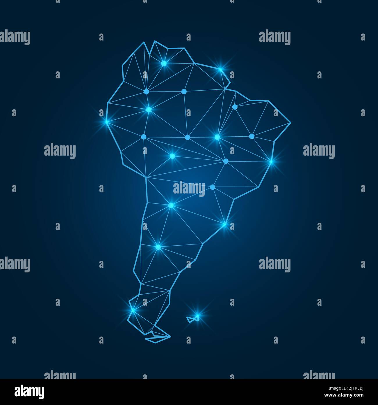 South America map with polygonal glowing shapes. World map linear continent with lighting dots. Stock Vector