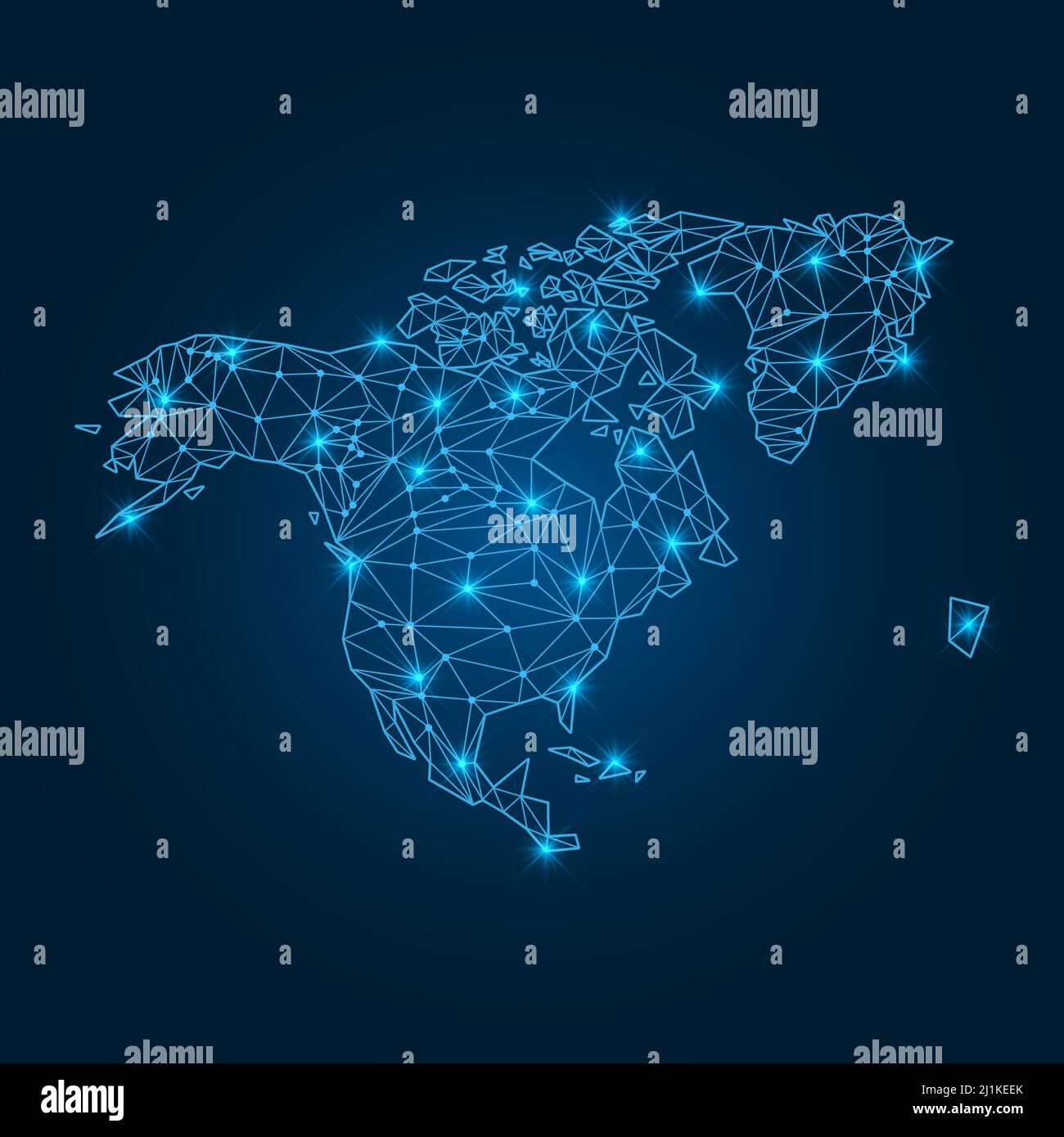 North America map with polygonal glowing shapes. World map linear continent with lighting dots. Stock Vector