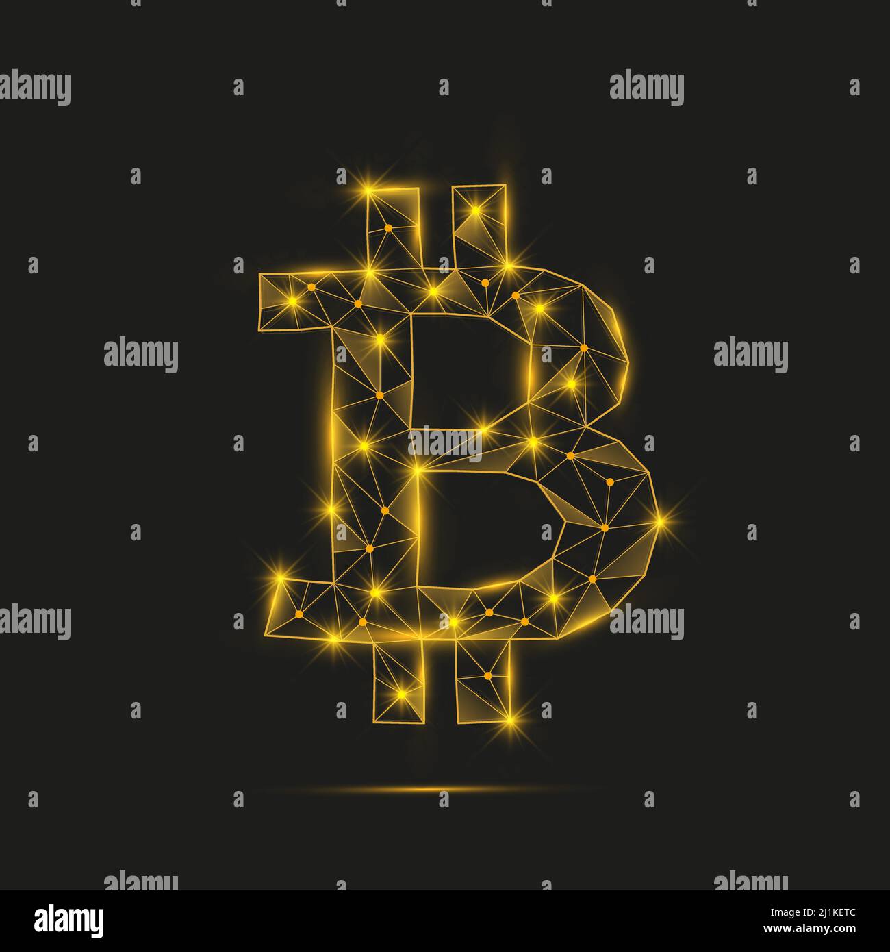 Bitcoin with polygonal orange glowing shapes. Crypto currency shinning coin Stock Vector