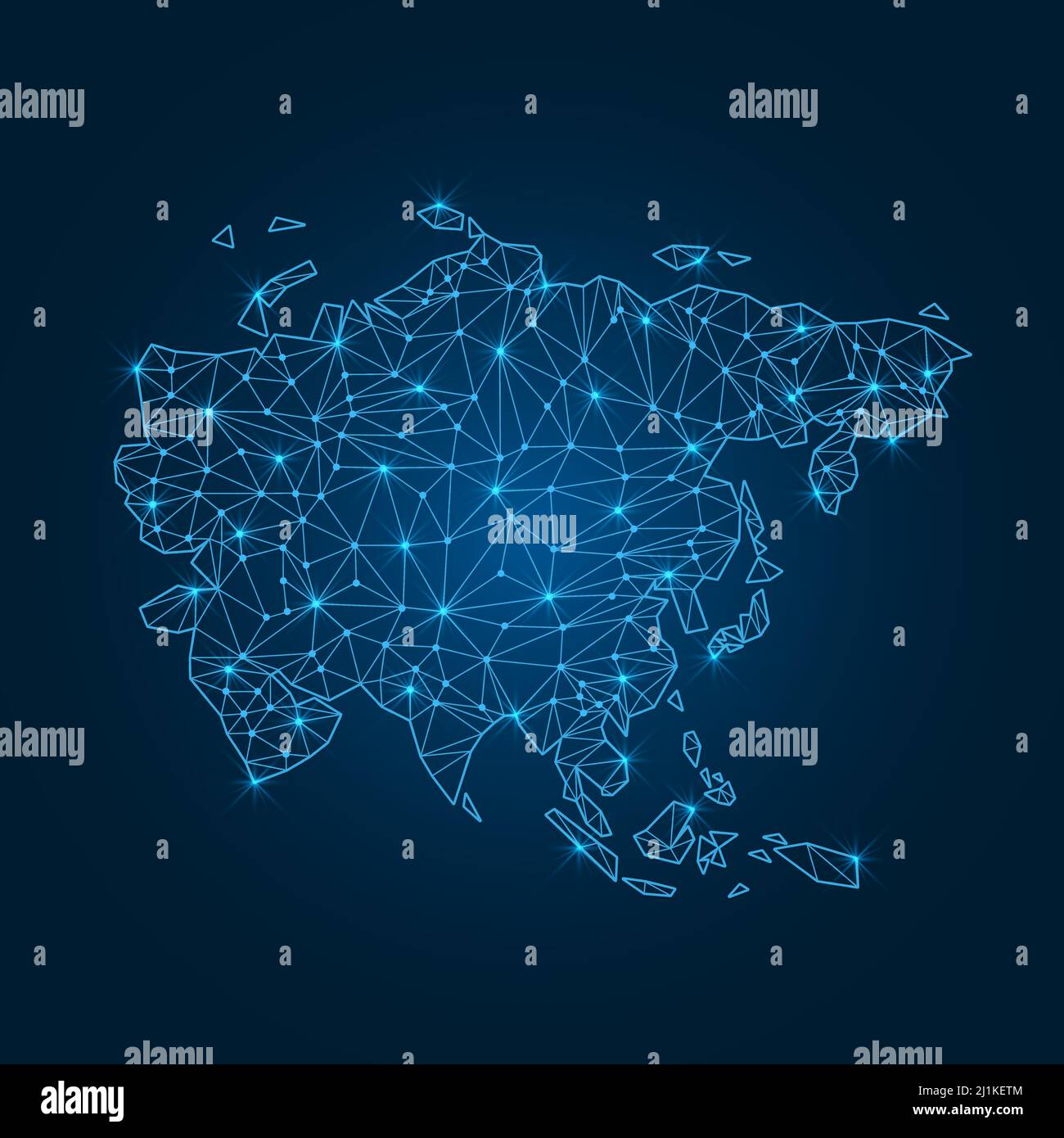 Asia map with polygonal glowing shapes. World map linear continent with lighting dots. Stock Vector