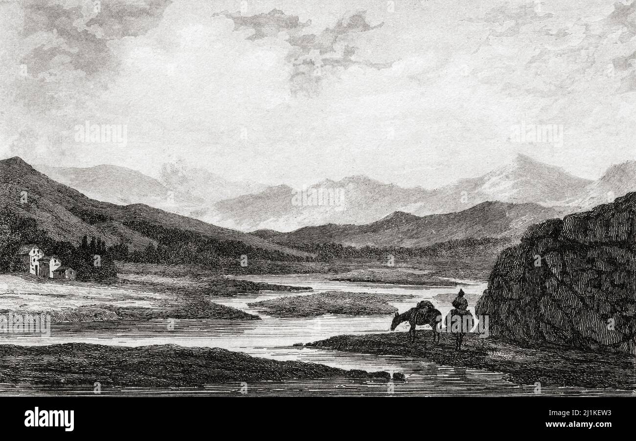 The valley and canyon of the Quilo river (Río Quilo), Chile. 19th century steel engraving by Del Petit. Stock Photo
