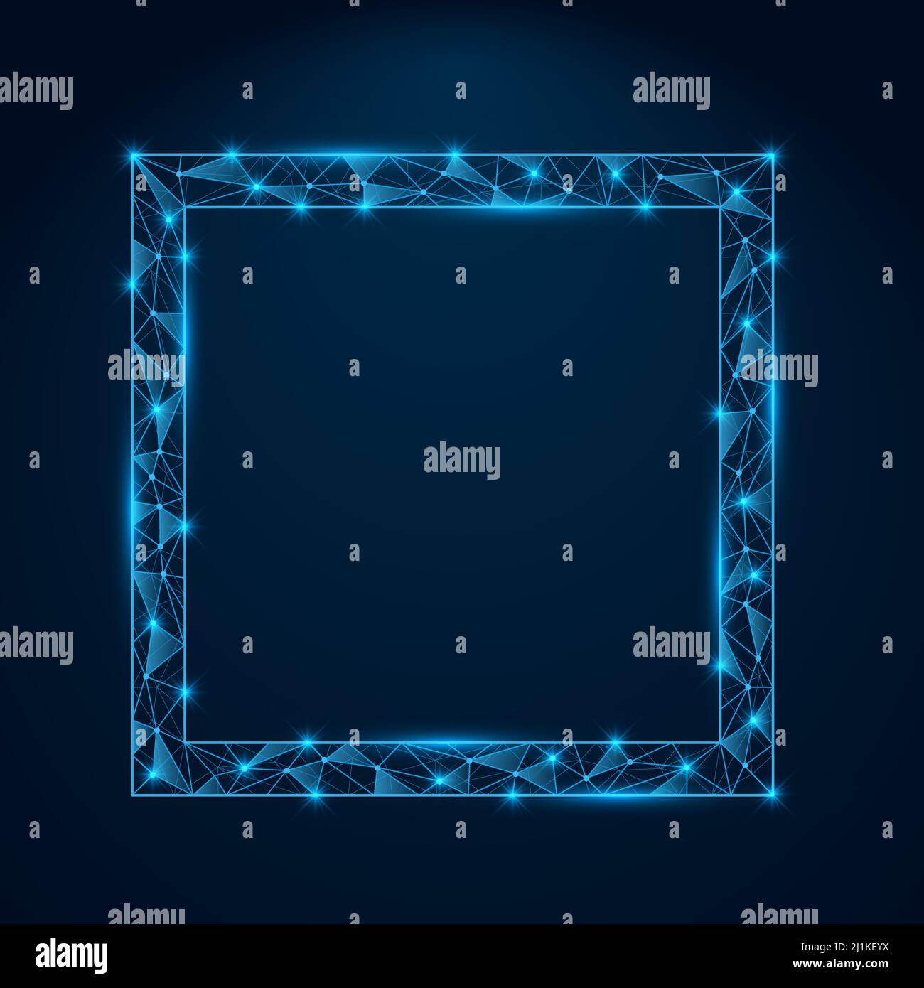 Abstract low poly blue square frame with glowing elements. Square shape with shinning connecting dots and lines. Stock Vector