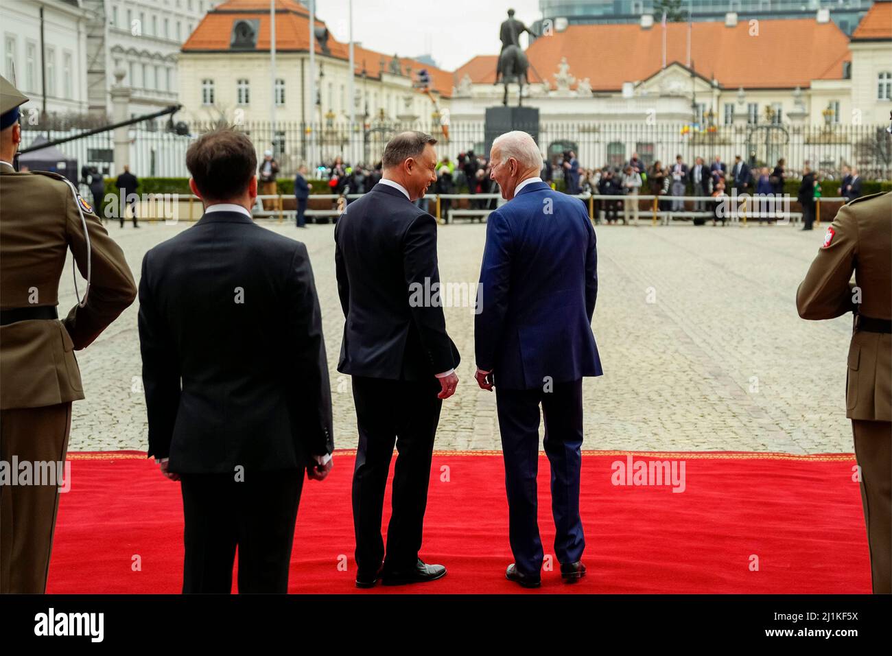 Warsaw, Poland. 26th Mar, 2022. U.S President Joe Biden stands with Polish President Andrzej Duda, left, as he prepares to depart following bilateral meetings to discuss the situation in Ukraine at the Presidential Palace, March 26, 2022 in Warsaw, Poland. Credit: Adam Schultz/White House Photo/Alamy Live News Stock Photo