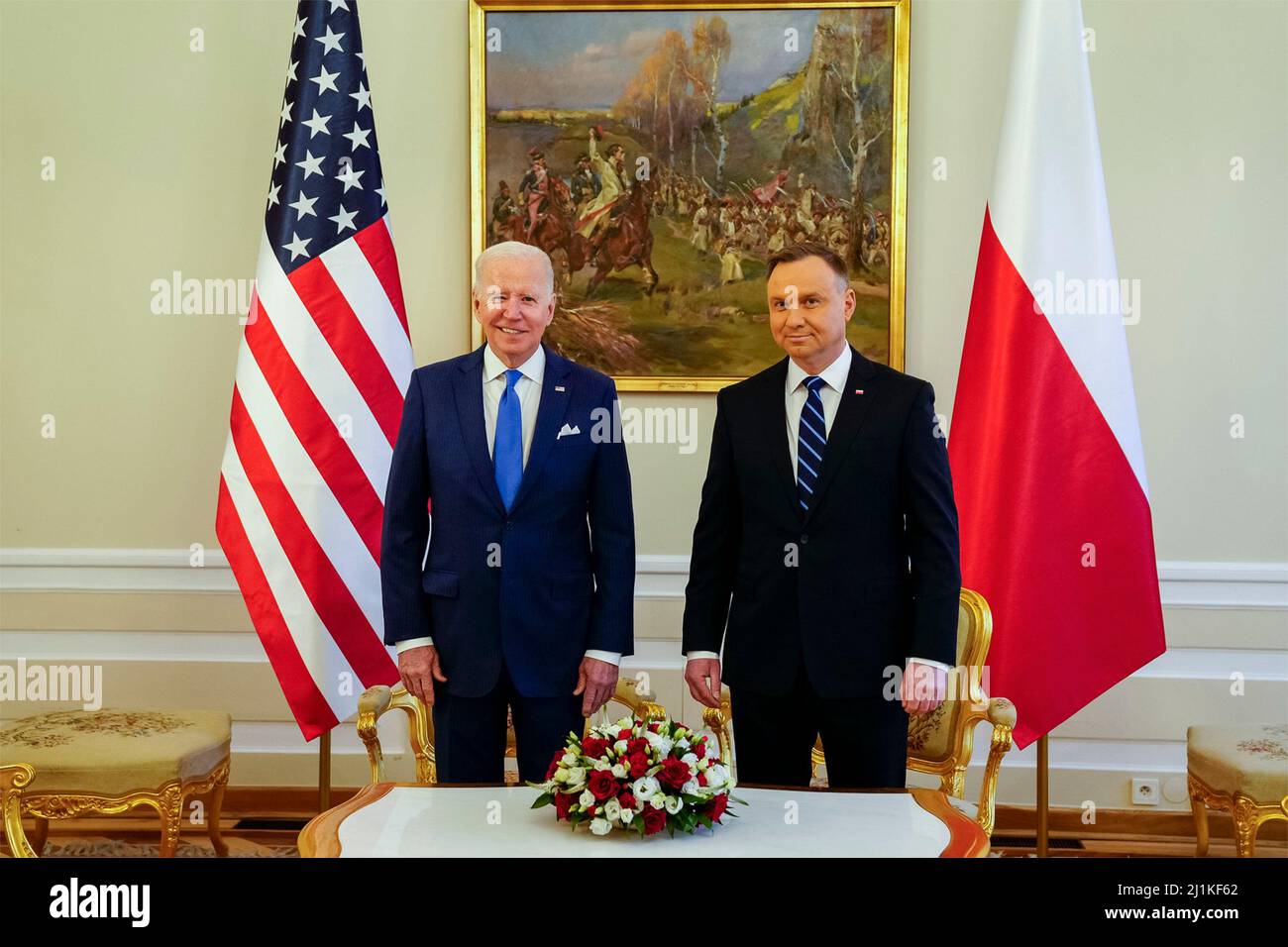 Warsaw, Poland. 26th Mar, 2022. U.S President Joe Biden stands with Polish President Andrzej Duda, right, before the start of bilateral meetings to discuss the situation in Ukraine at the Presidential Palace, March 26, 2022 in Warsaw, Poland. Credit: Adam Schultz/White House Photo/Alamy Live News Stock Photo