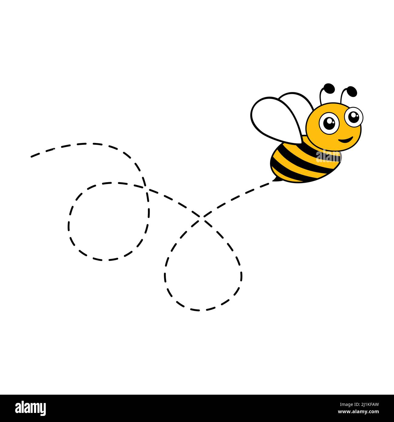 Flying cute bee with dotted route. Vector illustration isolated on white. Stock Vector