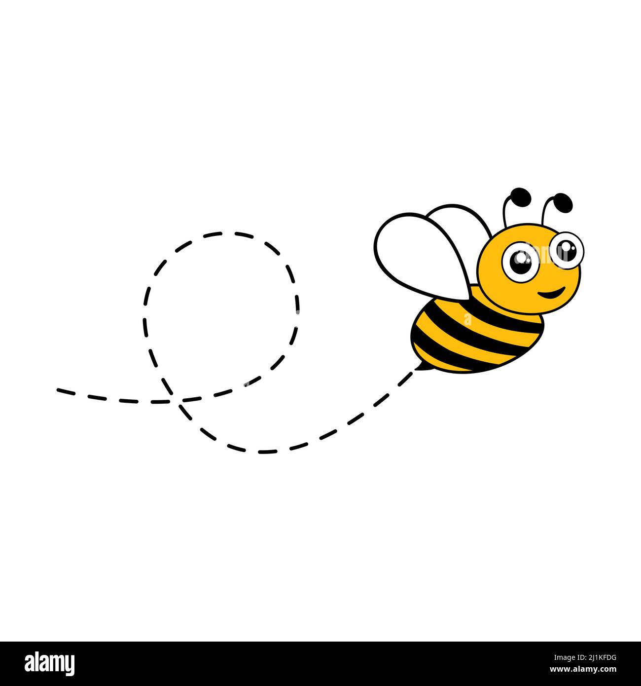 Flying cute bee with dotted route. Vector illustration isolated on white. Stock Vector