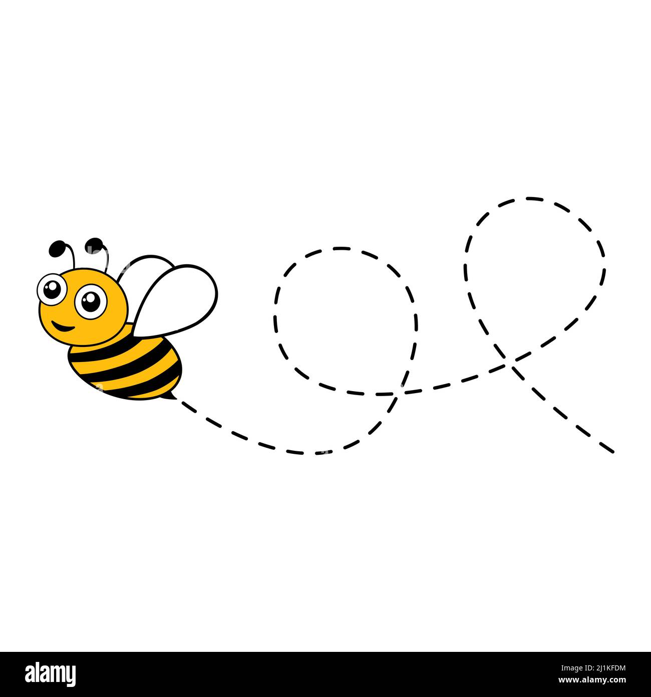 Flying cute bee with dotted route. Vector illustration isolated on white. Stock Vector