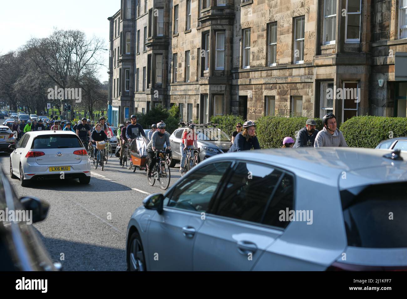 Edinburgh Scotland, UK March 26 2022. Edinburgh Critical Mass Cycle, Stockbridge Saunter, takes place through the city with hundreds taking part as society transitions from cars to more sustainable forms of transport.  credit sst/alamy live news Stock Photo