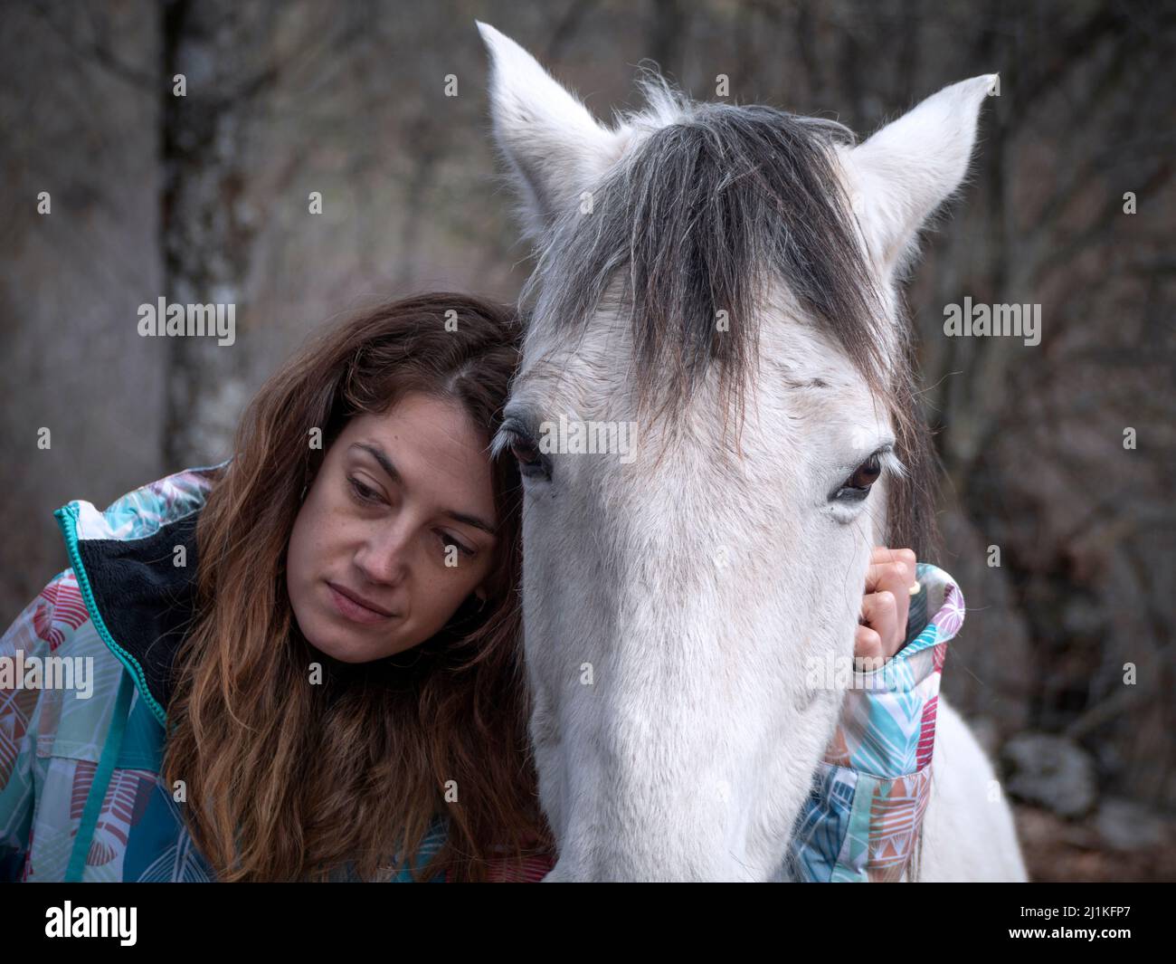 Brunette female with a sad, melancholic look on her face and her white horse on a winter day. Stock Photo