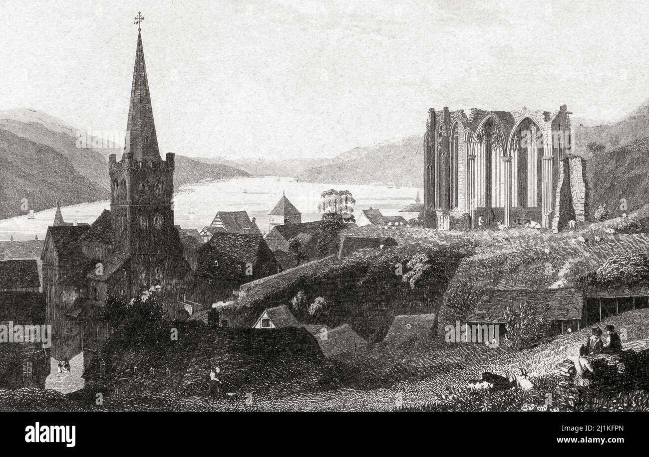 Bacharach and the Chapel of Saint Werner (Verner), Germany. 19th century steel engraving by Lemaitre direxit and Cholet. Stock Photo