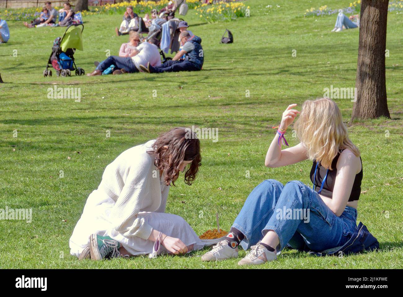 Edinburgh, Scotland, UK 26th March, 2022. UK  Weather: : Another Sunny day saw summer like weather with rising temperatures as the city  saw a peaceful start to the summer season on princes street, the scott monument and the park of princes street gardens . Credit Gerard Ferry/Alamy Live News Stock Photo