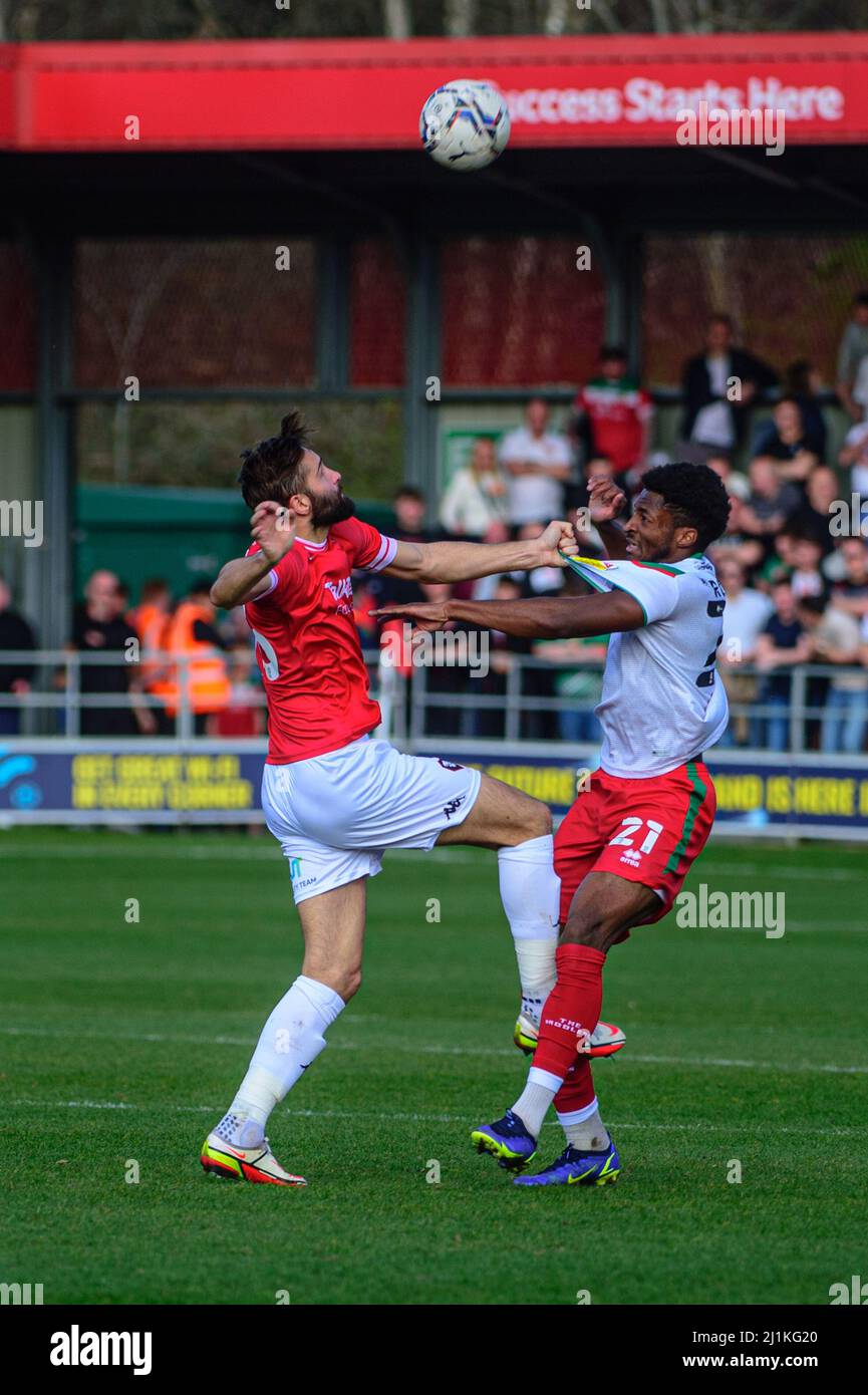 SALFORD, UK. MAR 26TH Jordan Turnbull of Salford City FC tustles with Devante Rodney of Walsall FC during the Sky Bet League 2 match between Salford City and Walsall at Moor Lane, Salford on Saturday 26th March 2022. (Credit: Ian Charles | MI News) Credit: MI News & Sport /Alamy Live News Stock Photo