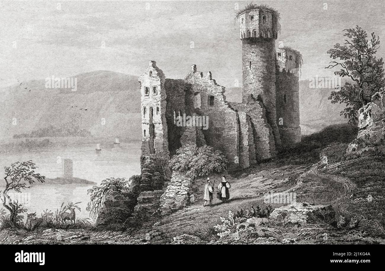 Ehrenfels Castle, Rüdesheim, Germany. 19th century steel engraving by Lemaitre direxit and Louise Pannier. Stock Photo