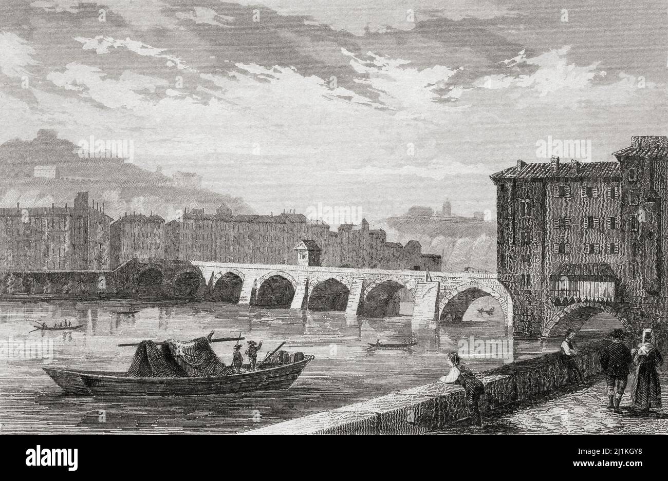 Stone bridge in Lyon, France. 19th century steel engraving by Gaucherel ...