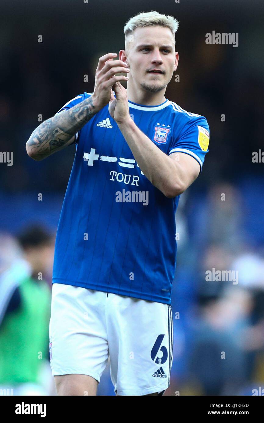 Ipswich, UK. 26th Mar, 2022. Luke Woolfenden #6 of Ipswich Town applauds the fans in Ipswich, United Kingdom on 3/26/2022. (Photo by Arron Gent/News Images/Sipa USA) Credit: Sipa USA/Alamy Live News Stock Photo