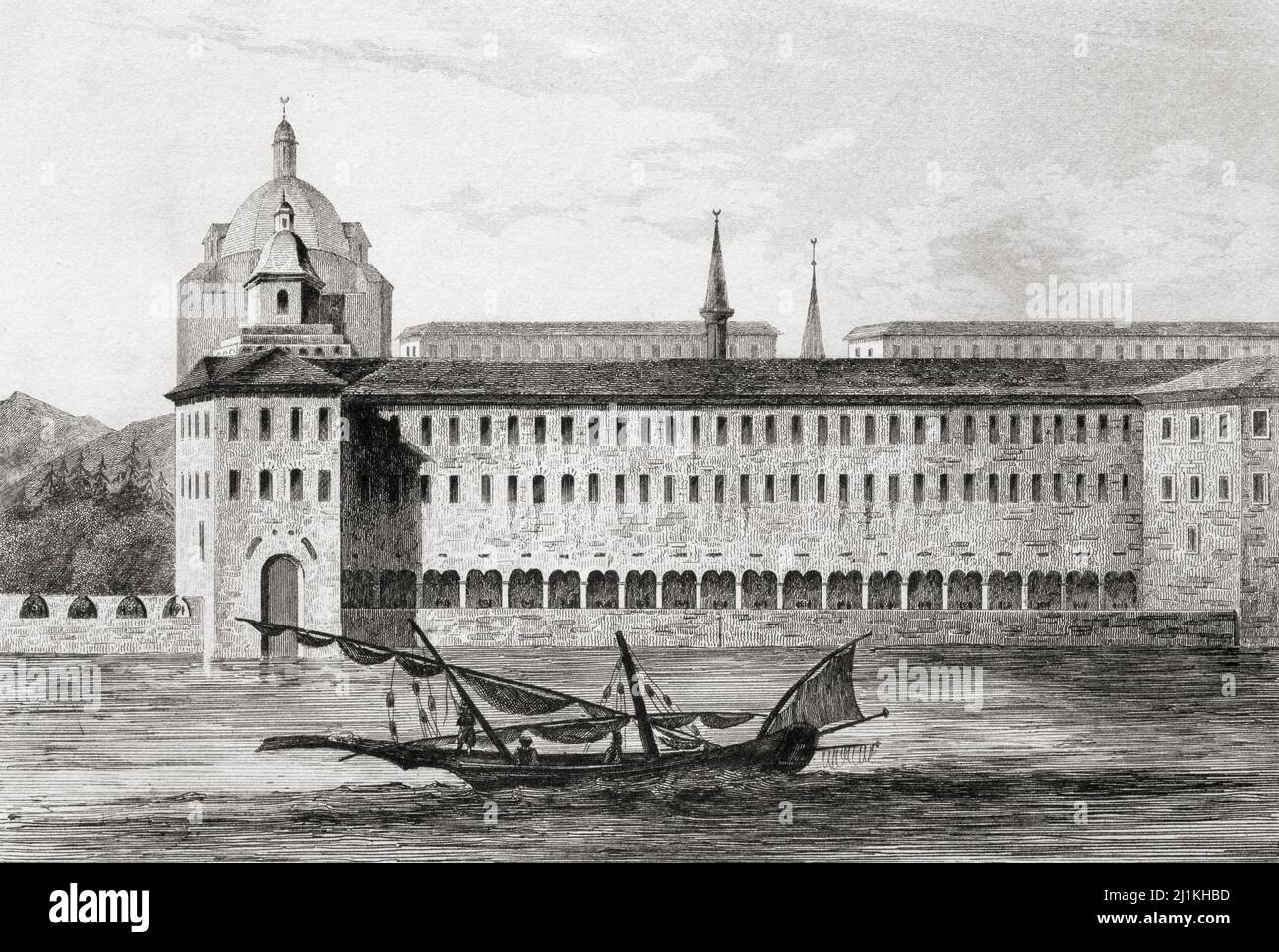 Military barracks of Top Khane, Turkey. 19th century steel engraving by Varinser, Traversier and Lemaitre direxit. Stock Photo