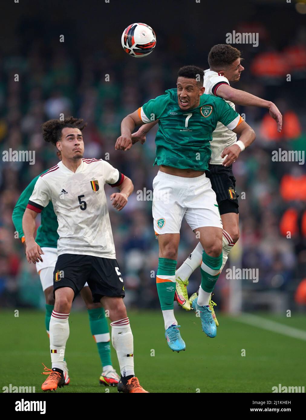 Ireland's Callum Robinson (centre) and Belgium's Thorgan Hazard (right ...