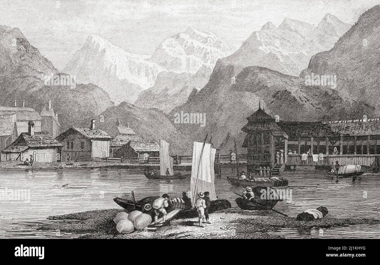 Interlaken, Switzerland. 19th century steel engraving by Rouargue. Stock Photo
