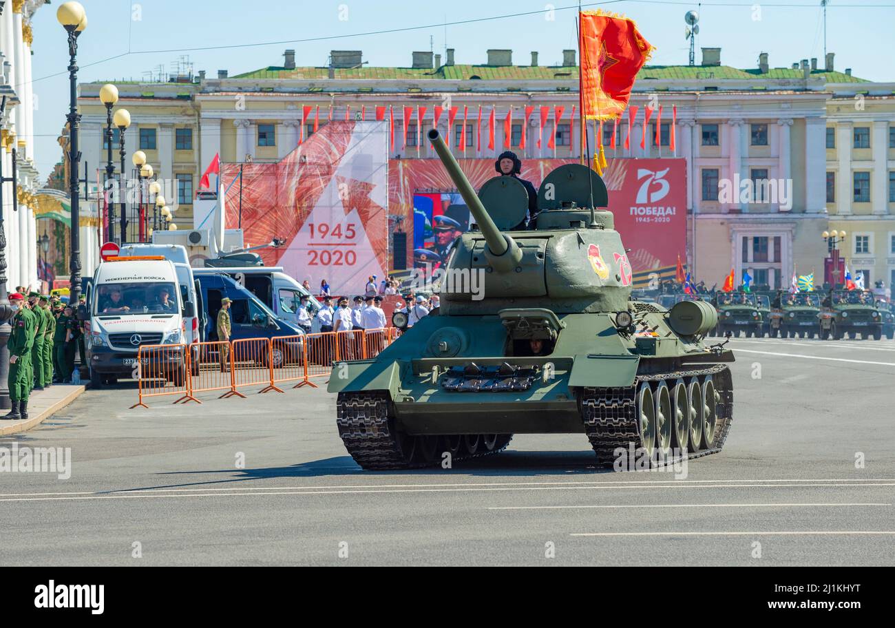 SAINT PETERSBURG, RUSSIA - JUNE 20, 2020: Soviet T-34-85 tank at the Victory Day parade. Saint Petersburg Stock Photo