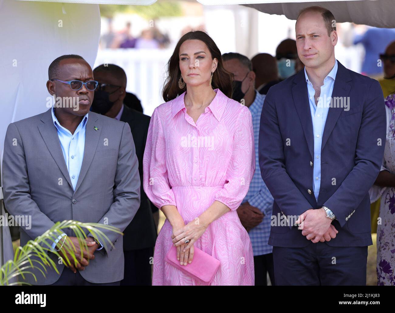 The Duke and Duchess of Cambridge during a visit to the Memorial Wall to remember victims of the 2019 hurricane at the Memorial Garden in Abaco, on day eight of their tour of the Caribbean on behalf of the Queen to mark her Platinum Jubilee. Abaco, a chain of islands and barrier cays in the northern Bahamas, was hit by winds of up to 185mph during Hurricane Dorian in 2019 leaving 75% of homes across the chain of islands damaged and resulting in tragic loss of life. Picture date: Saturday March 26, 2022. Stock Photo
