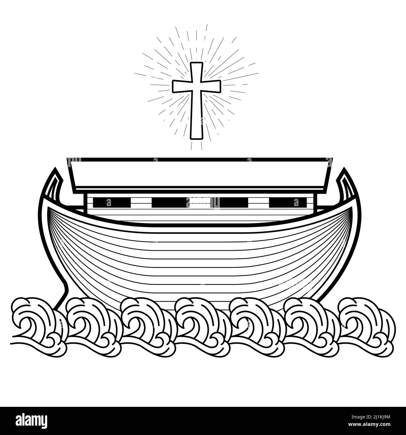The ark of Noah on waves, biblical wooden ship and crucifix, flood saving holy boat, vector Stock Vector