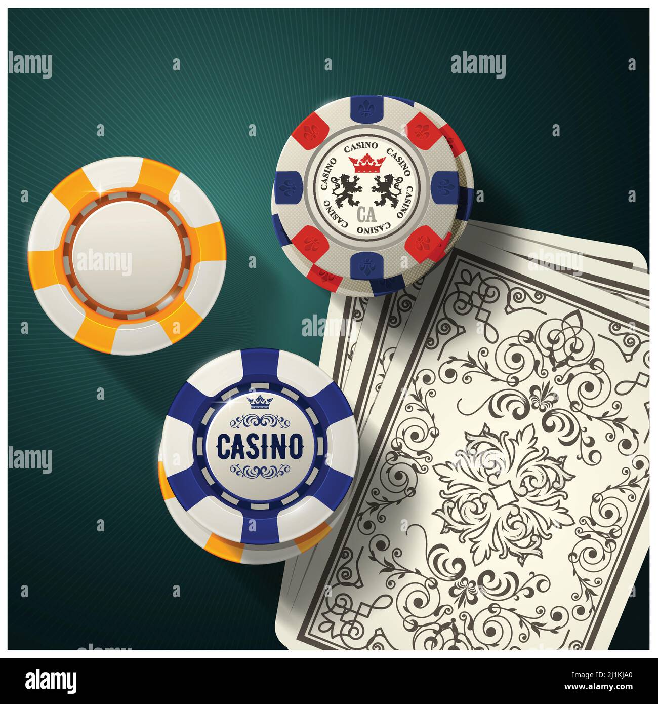 Poker table with playing cards and casino gambling chip, vector Stock