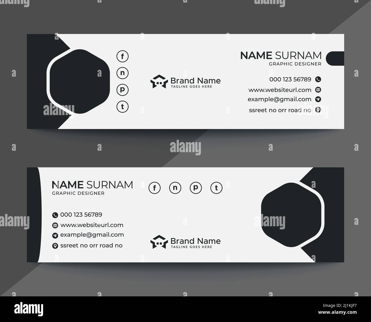 Corporate, Modern and Professional Email Signature. Email footer. Personal social media cover design. Vectors Illustrations. black and white Stock Vector