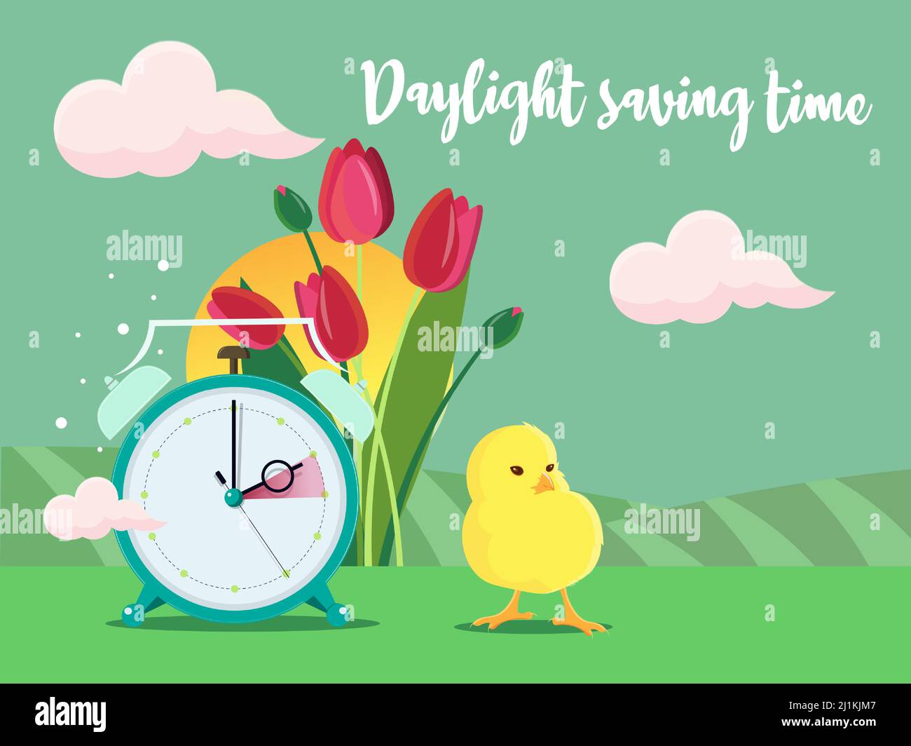 Daylight saving time banner. Clocks move forward. Tulips and chicken