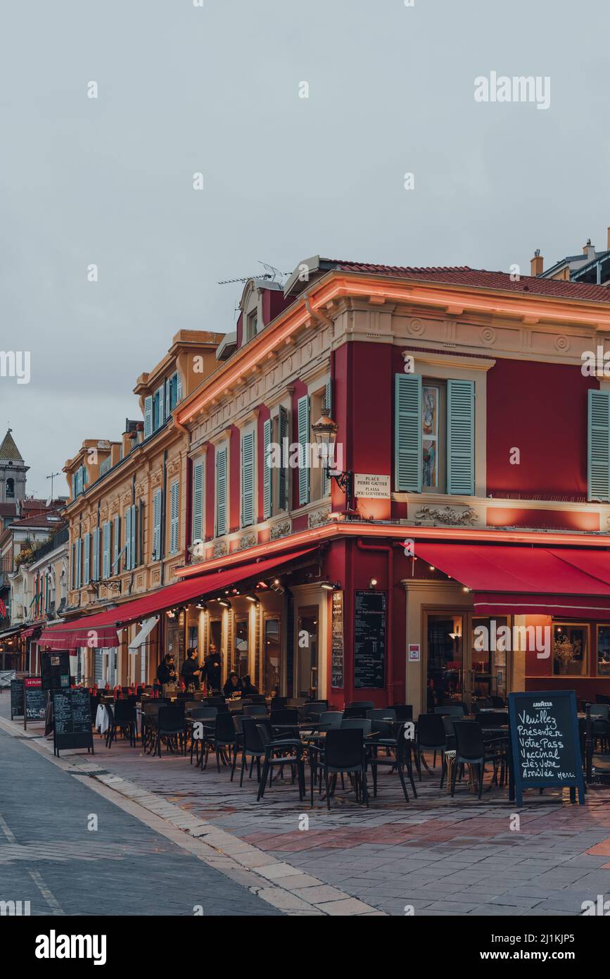 Nice, France - March 10, 2022: Exterior of Le Flore restaurant on Cours Saleya, a street in the Old Town of Nice known for its daily open air markets Stock Photo