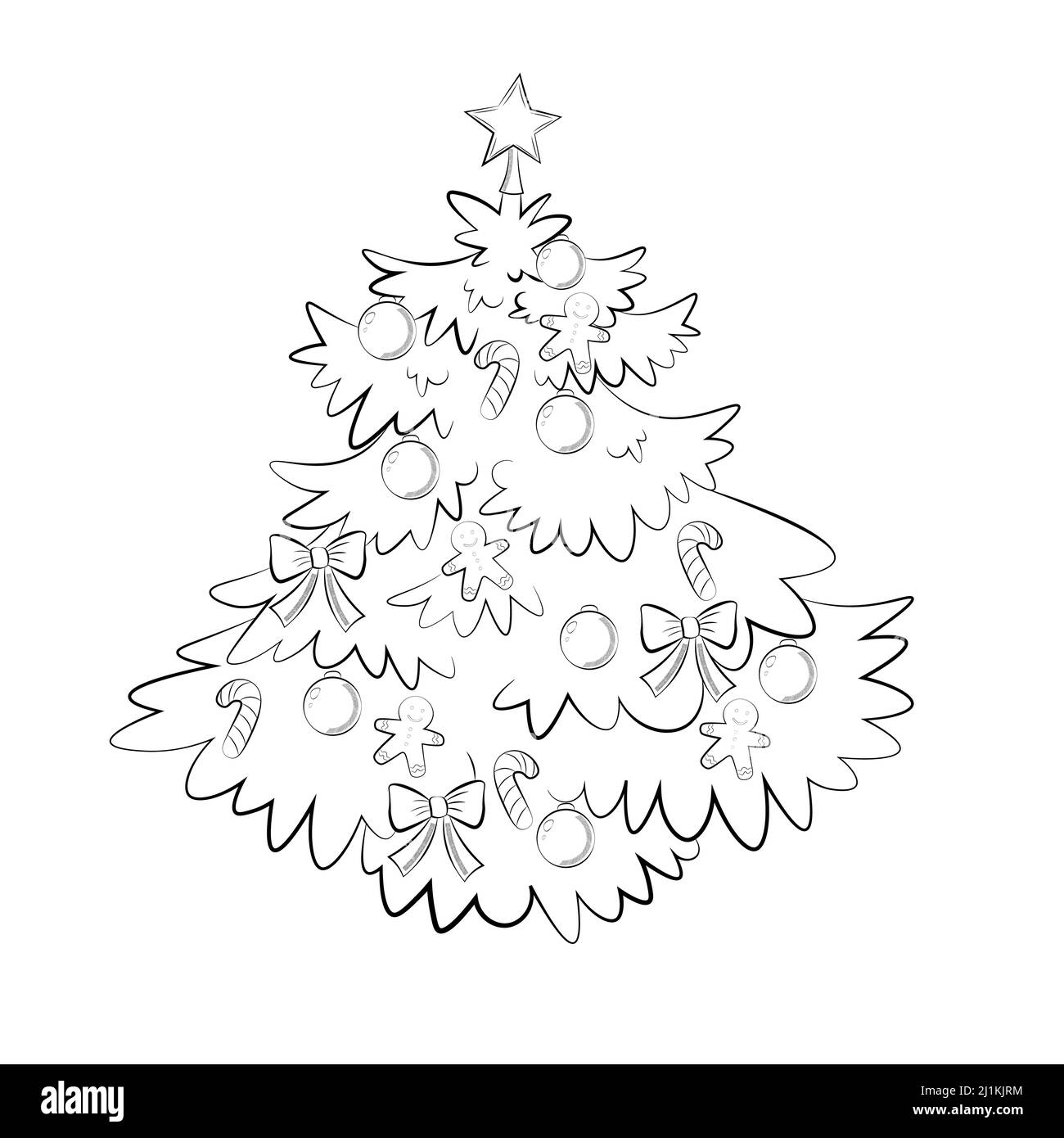Decorated christmas tree line art isolated on white background. Vector illustration. Stock Vector