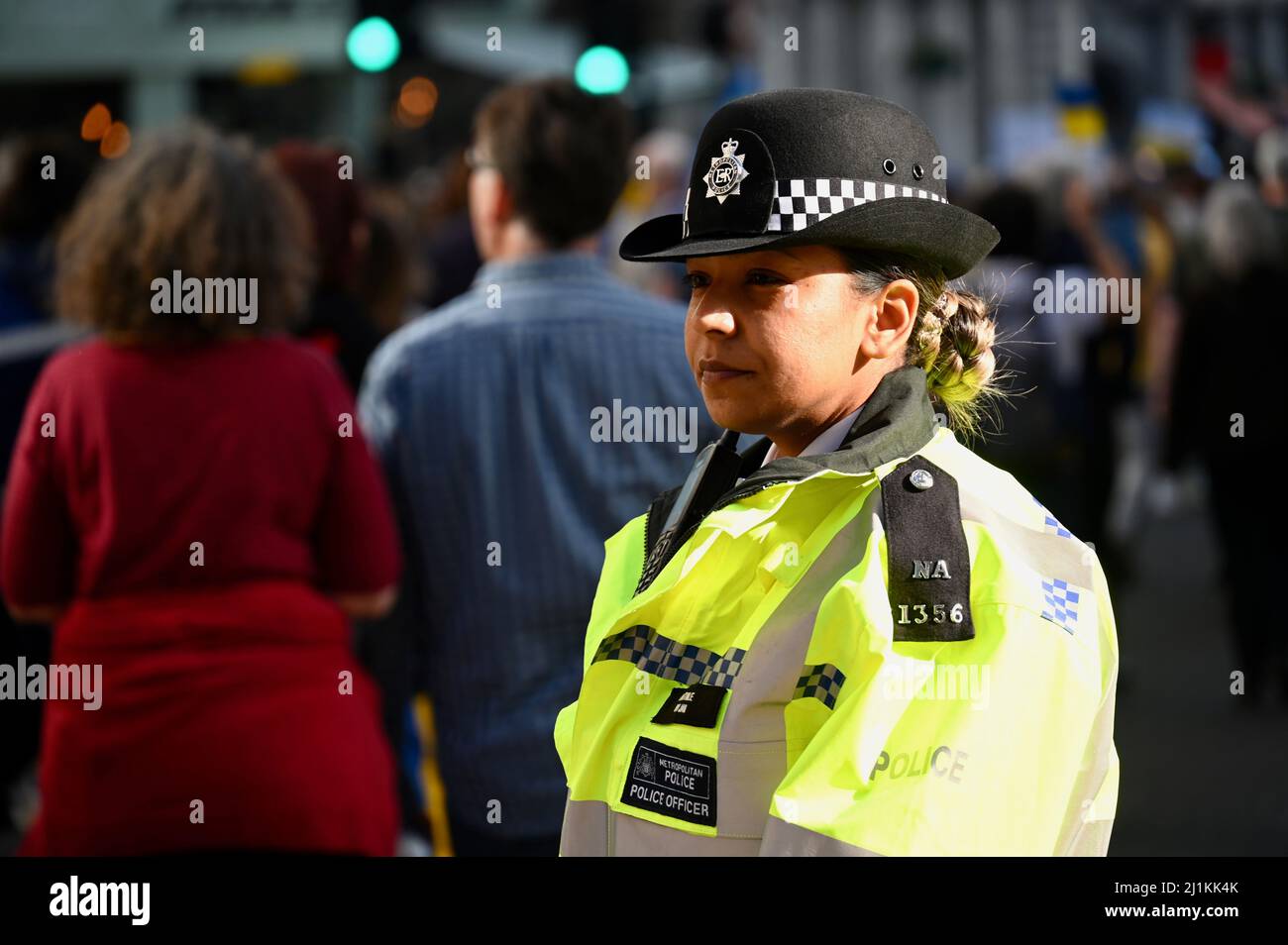 London, UK. Met Police Officer. London Stands with Ukraine. UK with Ukraine march and vigil from Park Lane to Trafalgar Square organised by the Mayor of London and the European Movement, Central London. Credit: michael melia/Alamy Live News Stock Photo