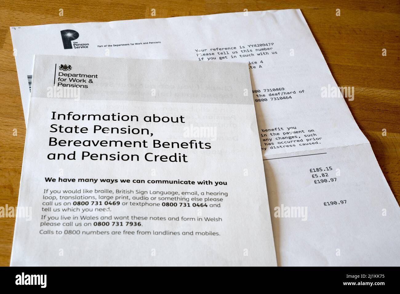 Correspondence from Pension Service & Department for Work & Pensions leaflet about benefits. Stock Photo