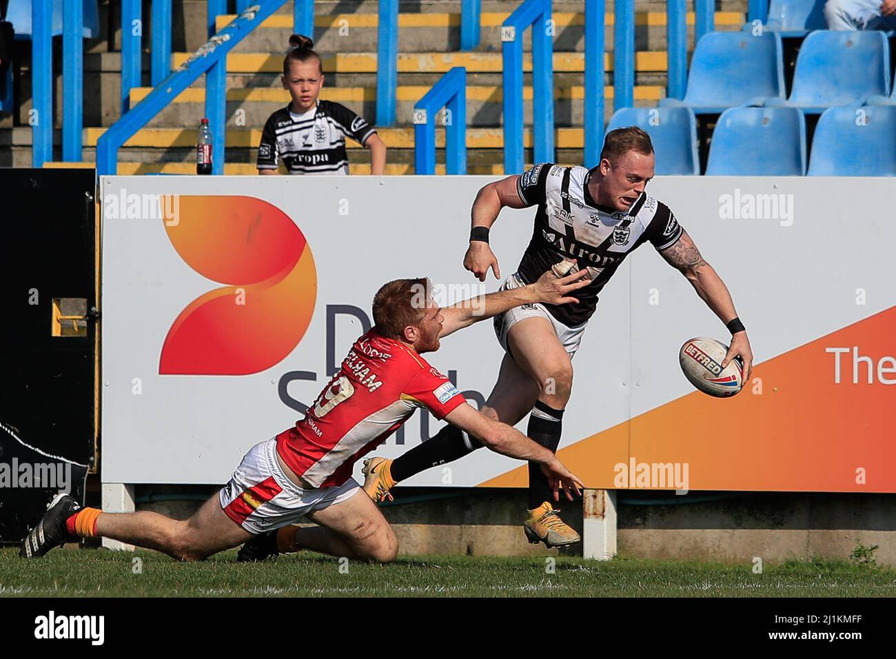 Featherstone, UK. 26th Mar, 2022. Adam Swift #2 of Hull FC gets away from Kris Welham #19 of Sheffield Eagles in Featherstone, United Kingdom on 3/26/2022. (Photo by James Heaton/News Images/Sipa USA) Credit: Sipa USA/Alamy Live News Stock Photo